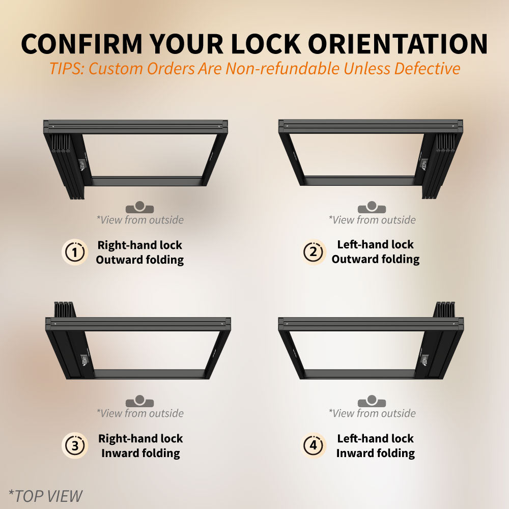 Retractable security door lock orientation guide showing left and right hand options for inward and outward folding installation.