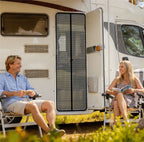Magnetic screen door for RV camper entry, breathable mesh, insect-proof and easy access.