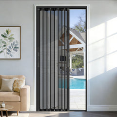 Single door foldable security screen installed on sliding patio door with pool view outside