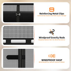 Infographic of garage screen door features including reinforcing metal clips, windproof gravity rods, and a windproof hasp.