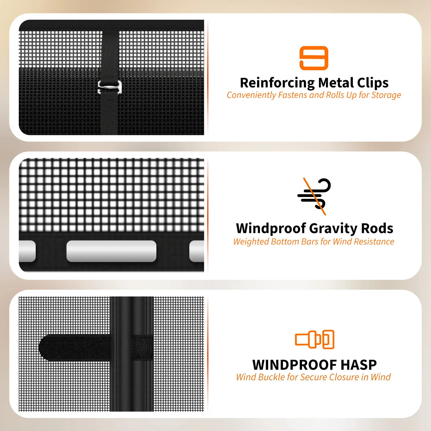 Infographic of garage screen door features including reinforcing metal clips, windproof gravity rods, and a windproof hasp.