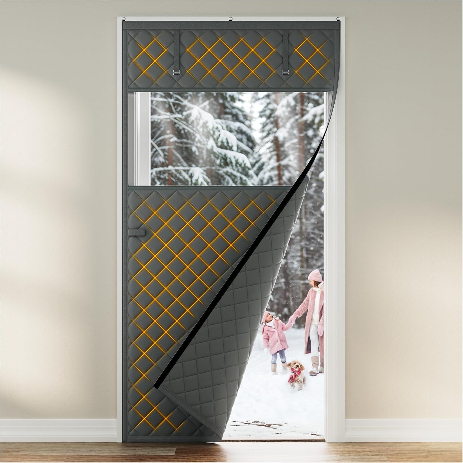 Custom Size Thermal Insulated Door Curtain Fits Any Door ，Single Piece Screen Insulation Cover with Clear Windows to Keep Warm
