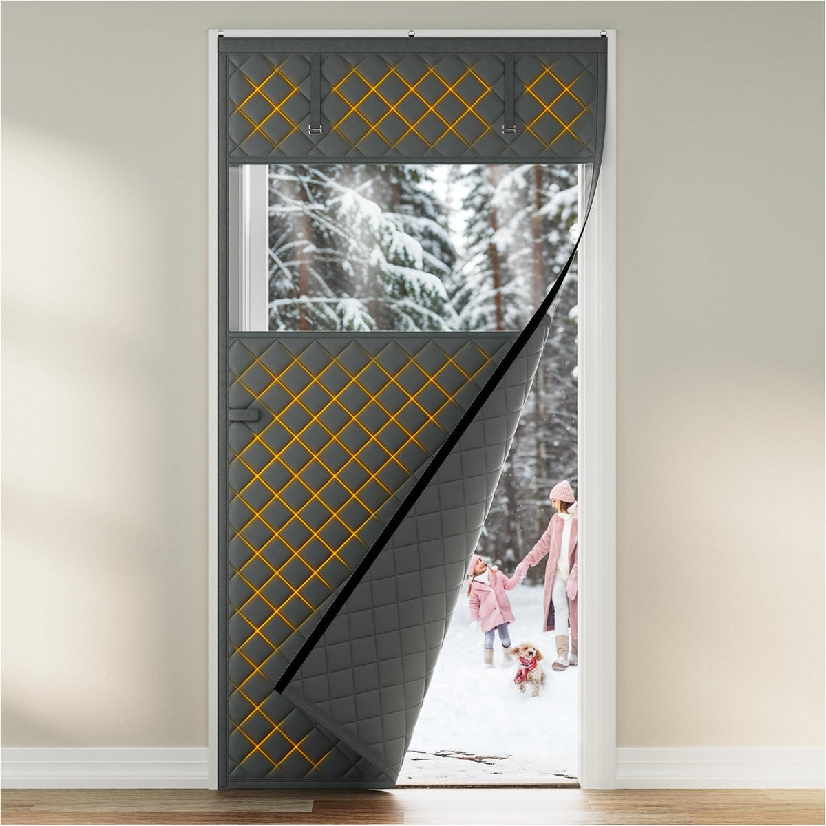 Custom Size Thermal Insulated Door Curtain Fits Any Door ，Single Piece Screen Insulation Cover with Clear Windows to Keep Warm